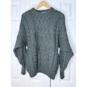 Beautiful Aran Crafts Ireland 100%‎ Wool Sweater Small Green Chunky Fisherman